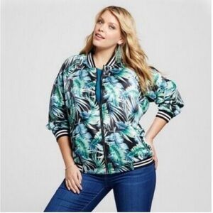 Ava & Viv Fun tropical palm leaf lightweight, satiny casual bomber jacket